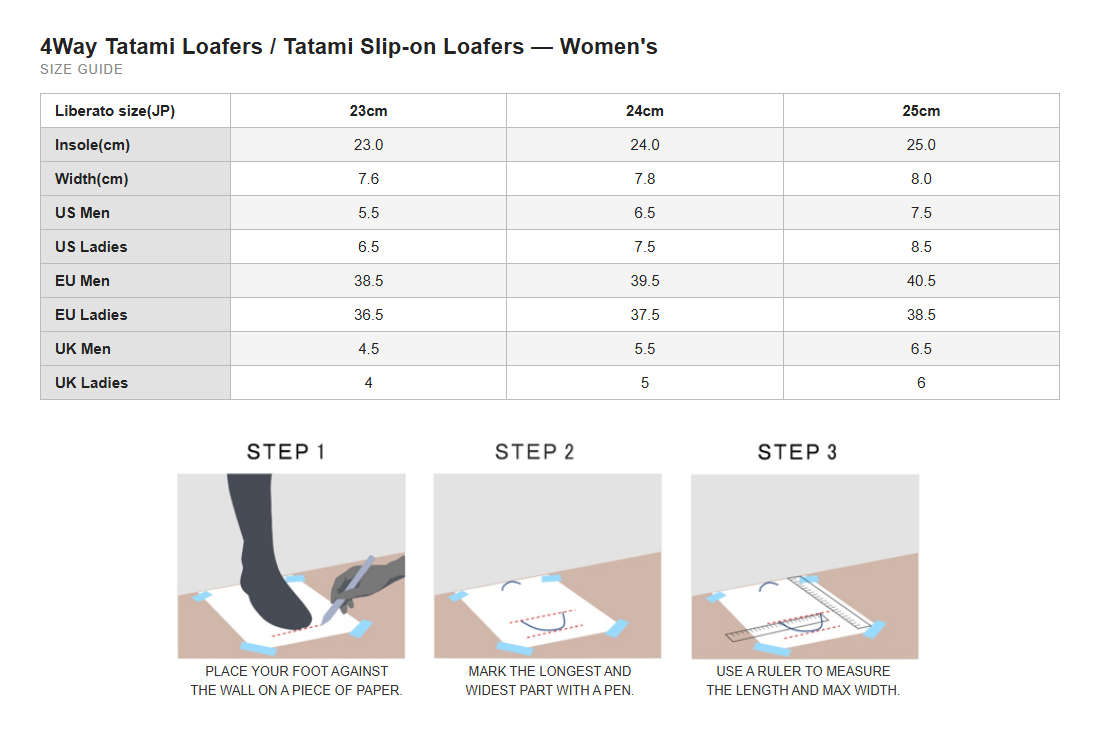 Size Chart (International) – Tatami Slip-on Loafers for Women Brown | Liberato