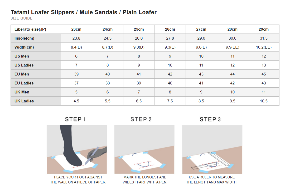 Size Chart (International) – Tatami Mule Sandals Dark Brown | Liberato