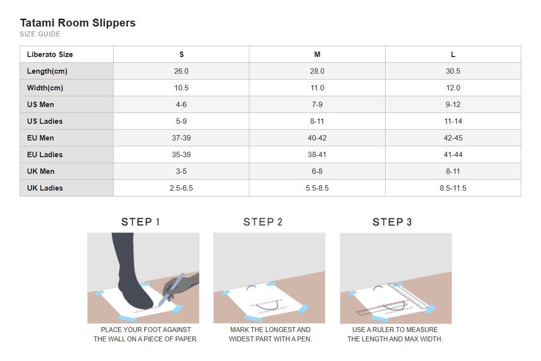 Size Chart (International) – Tatami Room Slippers Black | Liberato