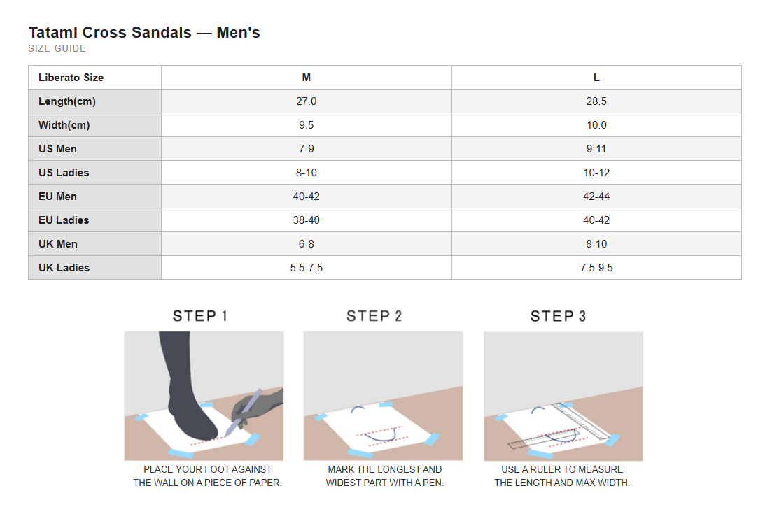 Size Chart (International) – Tatami Cross Sandals for Men Black | Liberato